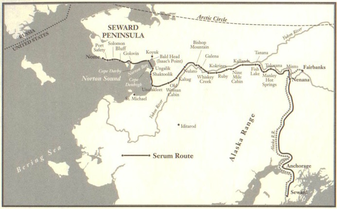Map of the Serum Run, January 1925, from The Cruelest Miles